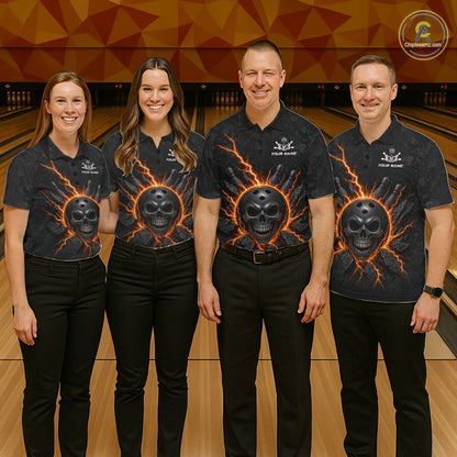 Custom Orange Thunder Lightning Skull Bowling Shirt For Men Bowling League Jersey Bowling Gifts NBT1187