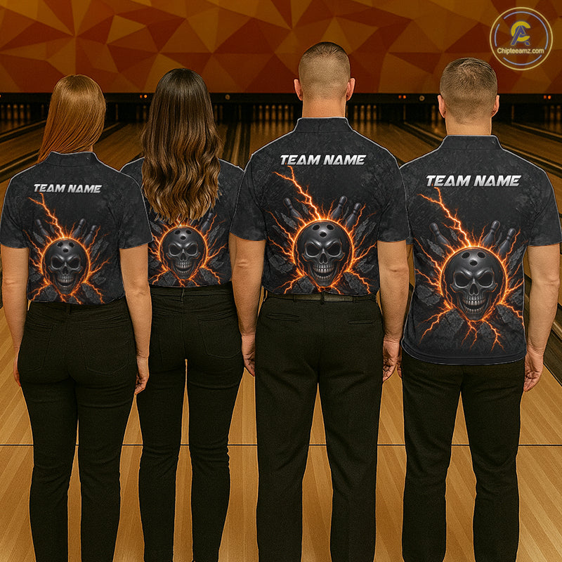 Custom Orange Thunder Lightning Skull Bowling Shirt For Men Bowling League Jersey Bowling Gifts NBT1187