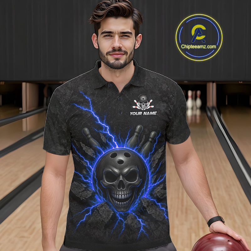 Custom Blue Thunder Lightning Skull Bowling Shirt For Men Bowling League Jersey Bowling Gifts NBT1188