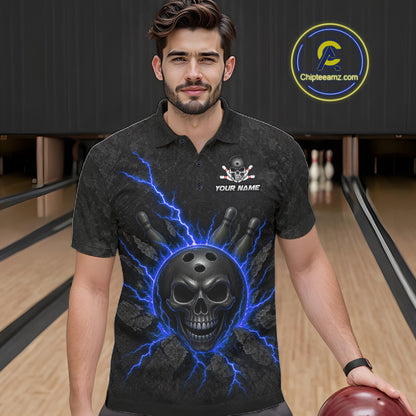 Custom Blue Thunder Lightning Skull Bowling Shirt For Men Bowling League Jersey Bowling Gifts NBT1188