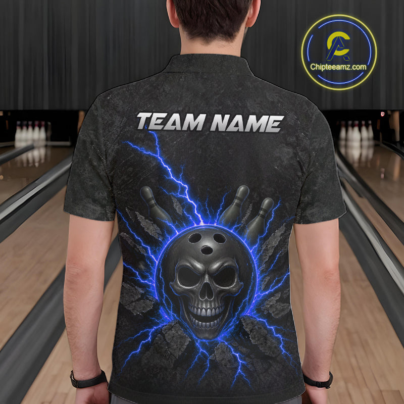 Custom Blue Thunder Lightning Skull Bowling Shirt For Men Bowling League Jersey Bowling Gifts NBT1188