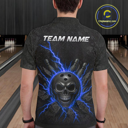 Custom Blue Thunder Lightning Skull Bowling Shirt For Men Bowling League Jersey Bowling Gifts NBT1188