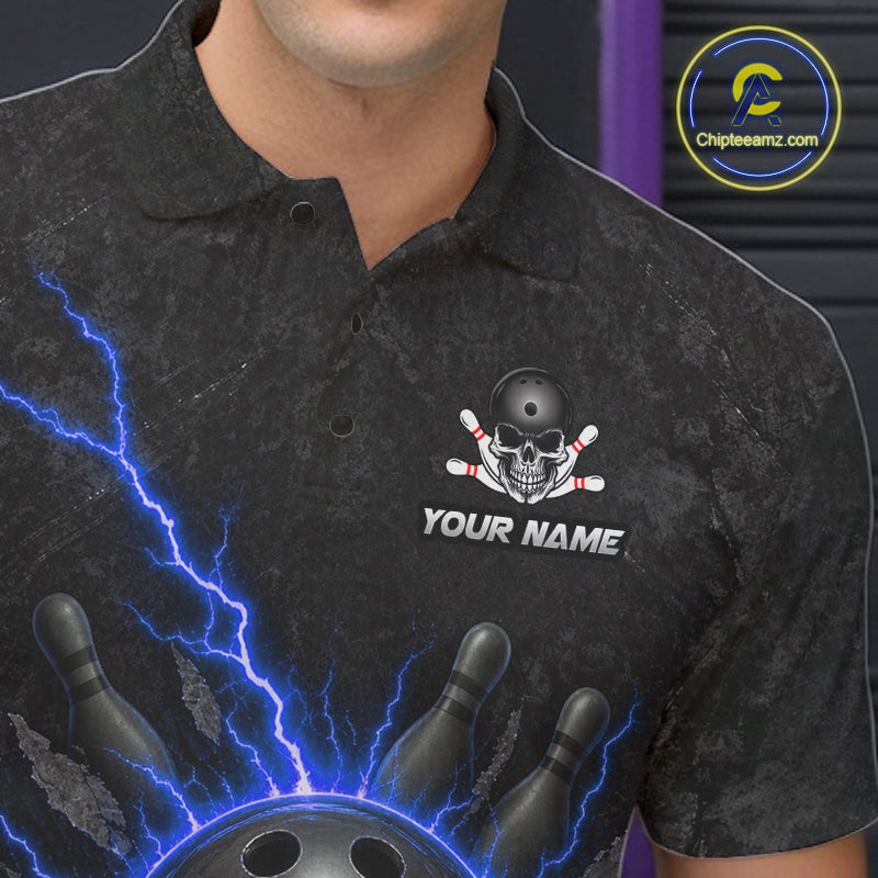 Custom Blue Thunder Lightning Skull Bowling Shirt For Men Bowling League Jersey Bowling Gifts NBT1188