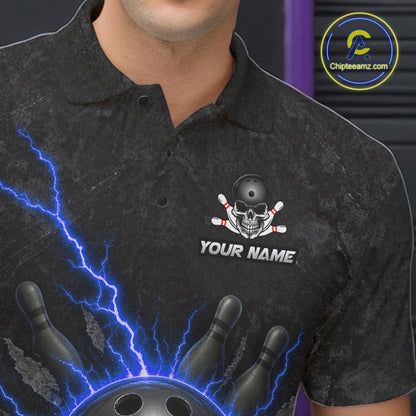 Custom Blue Thunder Lightning Skull Bowling Shirt For Men Bowling League Jersey Bowling Gifts NBT1188