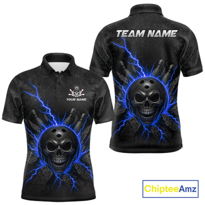 Custom Blue Thunder Lightning Skull Bowling Shirt For Men Bowling League Jersey Bowling Gifts NBT1188