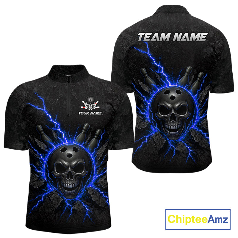 Custom Blue Thunder Lightning Skull Bowling Shirt For Men Bowling League Jersey Bowling Gifts NBT1188