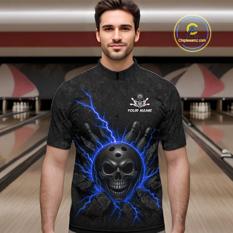 Custom Blue Thunder Lightning Skull Bowling Shirt For Men Bowling League Jersey Bowling Gifts NBT1188