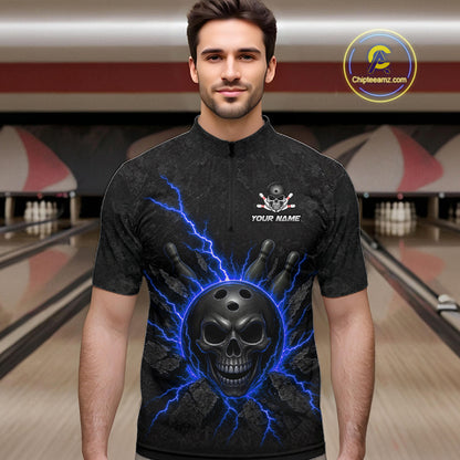 Custom Blue Thunder Lightning Skull Bowling Shirt For Men Bowling League Jersey Bowling Gifts NBT1188