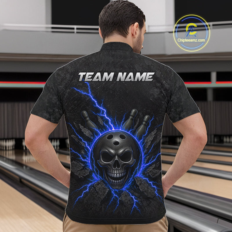 Custom Blue Thunder Lightning Skull Bowling Shirt For Men Bowling League Jersey Bowling Gifts NBT1188