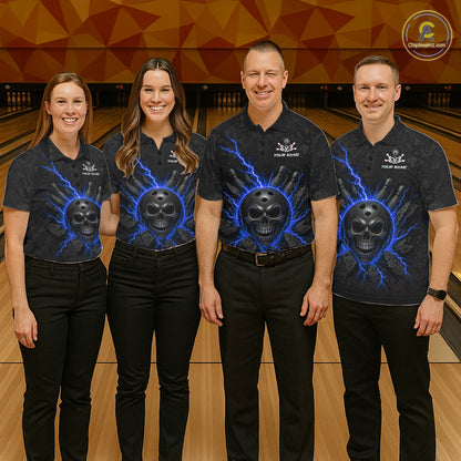 Custom Blue Thunder Lightning Skull Bowling Shirt For Men Bowling League Jersey Bowling Gifts NBT1188
