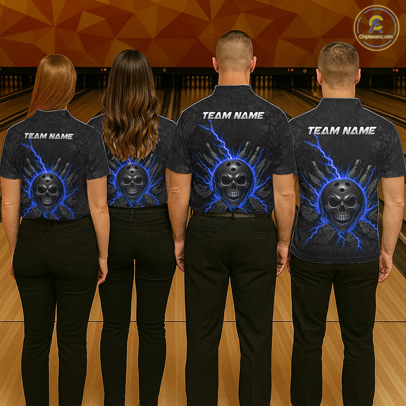 Custom Blue Thunder Lightning Skull Bowling Shirt For Men Bowling League Jersey Bowling Gifts NBT1188