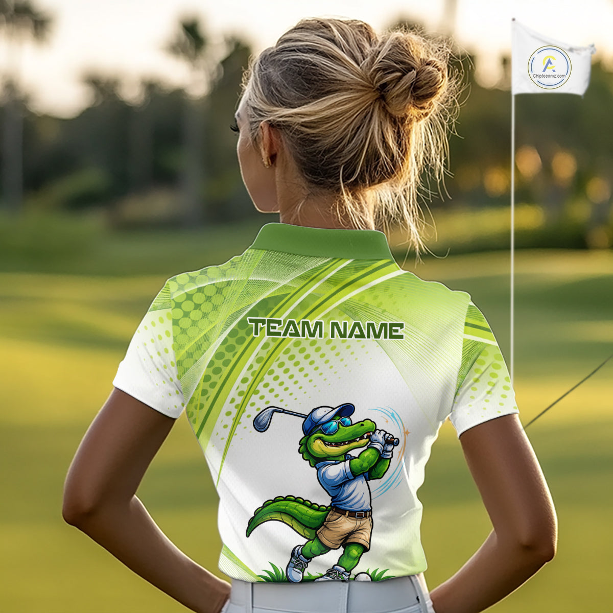 Funny White And Green Alligator Golf Polo Shirts For Women Custom Team Alligator Golf Outfit NBT508