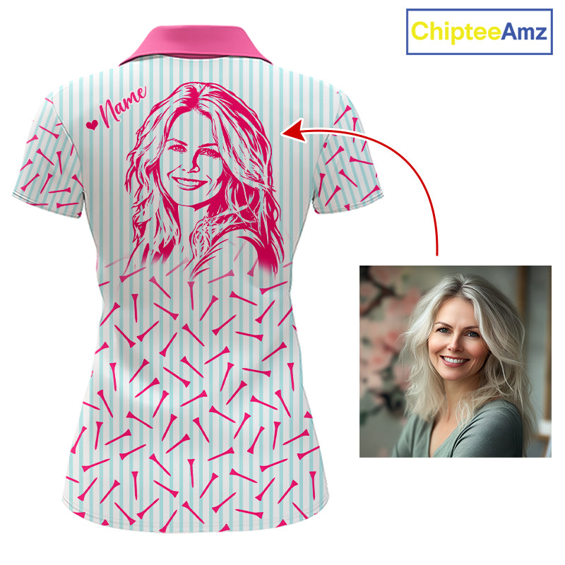 back view of personalized golf polo shirt for ladies with custom face & name
