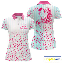 Load image into Gallery viewer, front and back view of personalized golf polo shirt for mom with custom face &amp; name