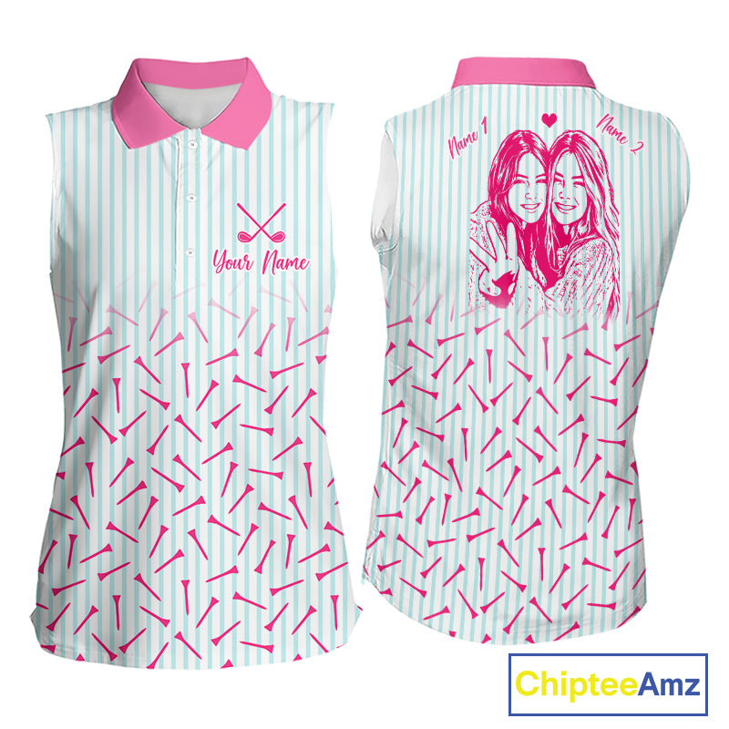 front and back view of matching best friends sleeveless golf polo shirt custom name best friend gift