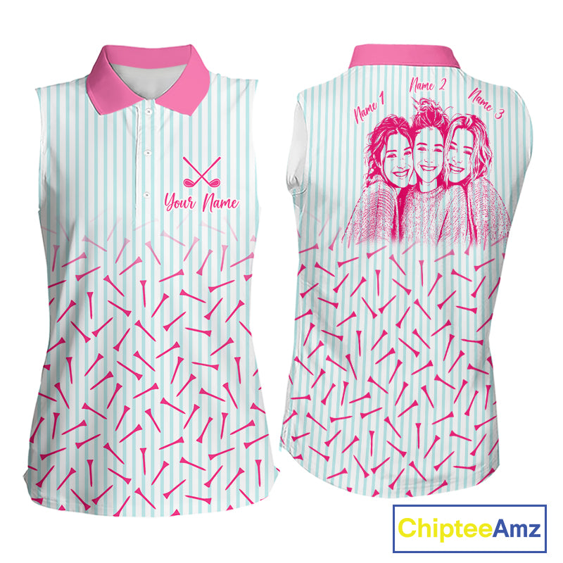 front and back view of matching best friends sleeveless golf polo shirt custom name group best friend gift