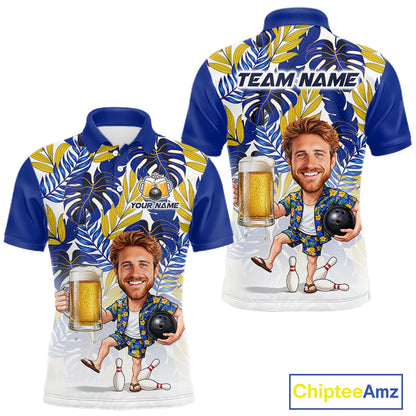 Blue Tropical Beer Bowling Shirts For Men Custom Photo Face Funny Bowling Team Jersey NBT996