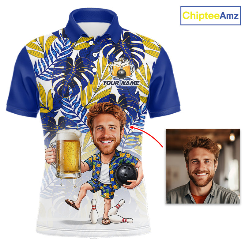 Blue Tropical Beer Bowling Shirts For Men Custom Photo Face Funny Bowling Team Jersey NBT996