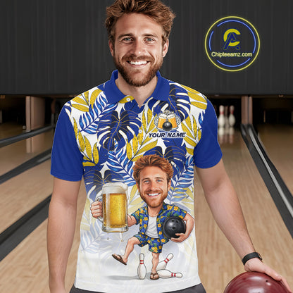 Blue Tropical Beer Bowling Shirts For Men Custom Photo Face Funny Bowling Team Jersey NBT996