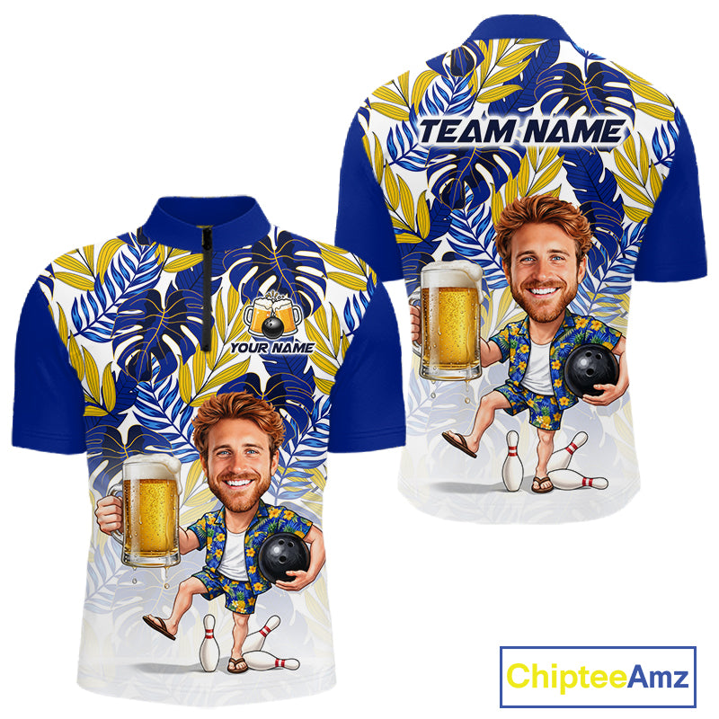 Blue Tropical Beer Bowling Shirts For Men Custom Photo Face Funny Bowling Team Jersey NBT996