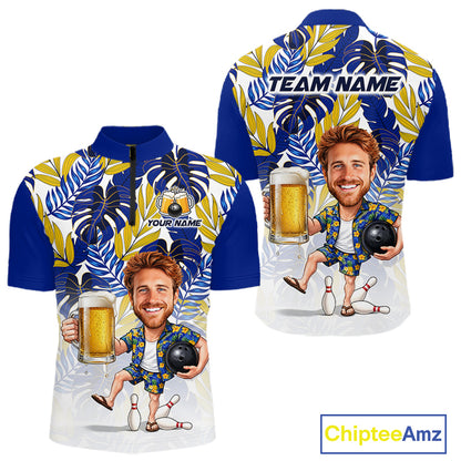 Blue Tropical Beer Bowling Shirts For Men Custom Photo Face Funny Bowling Team Jersey NBT996