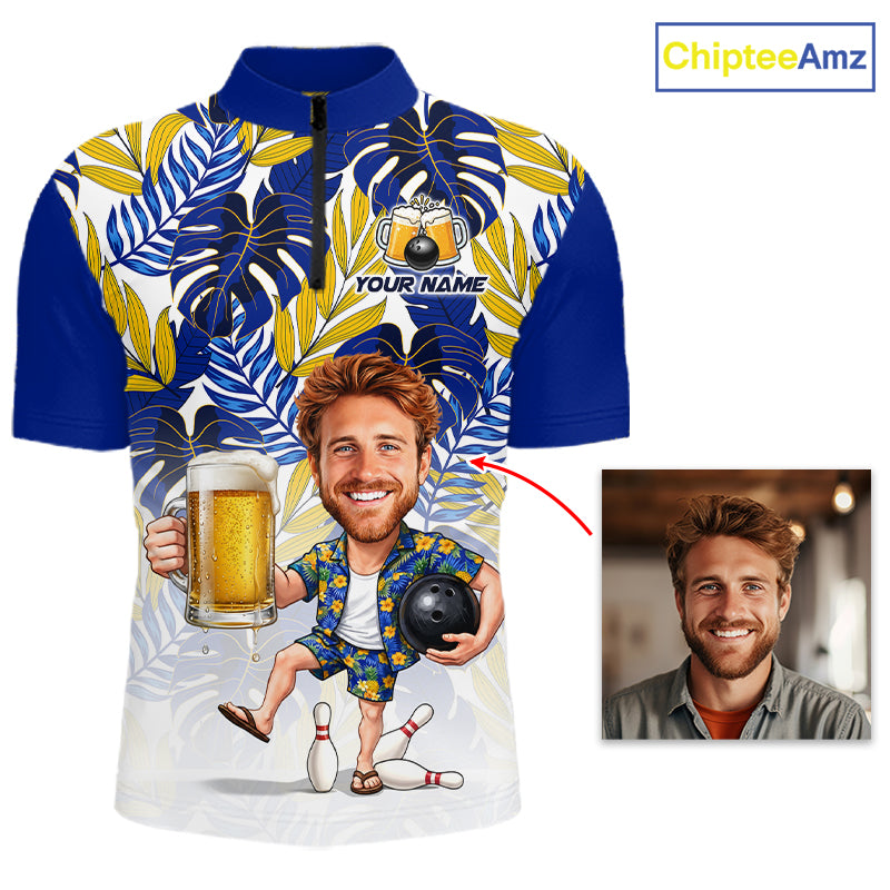 Blue Tropical Beer Bowling Shirts For Men Custom Photo Face Funny Bowling Team Jersey NBT996