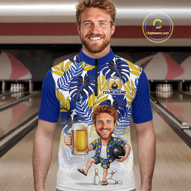 Blue Tropical Beer Bowling Shirts For Men Custom Photo Face Funny Bowling Team Jersey NBT996