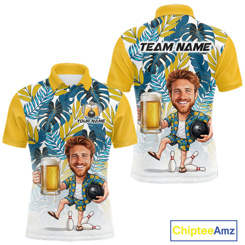 Yellow Tropical Beer Bowling Shirts For Men Custom Photo Face Funny Bowling Team Jersey NBT997