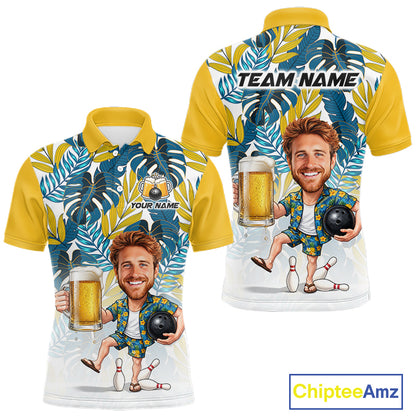 Yellow Tropical Beer Bowling Shirts For Men Custom Photo Face Funny Bowling Team Jersey NBT997