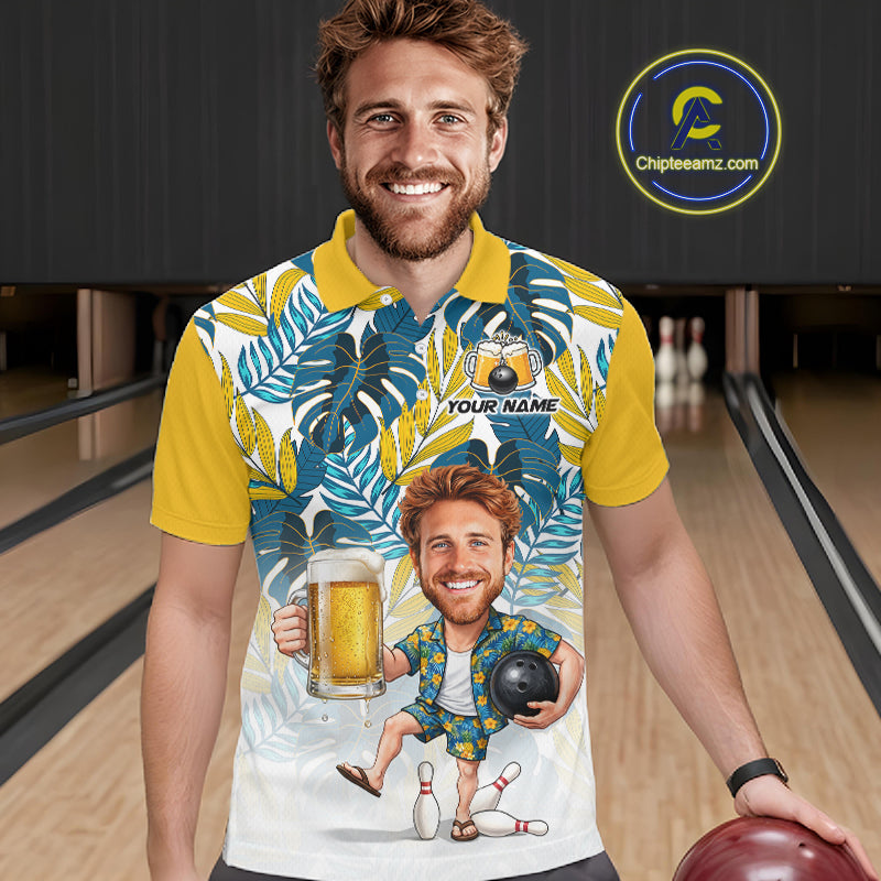 Yellow Tropical Beer Bowling Shirts For Men Custom Photo Face Funny Bowling Team Jersey NBT997