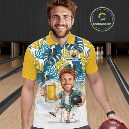 Yellow Tropical Beer Bowling Shirts For Men Custom Photo Face Funny Bowling Team Jersey NBT997
