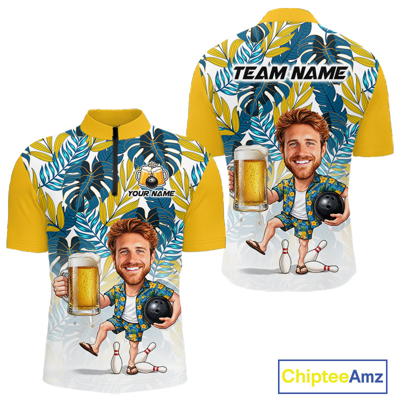 Yellow Tropical Beer Bowling Shirts For Men Custom Photo Face Funny Bowling Team Jersey NBT997