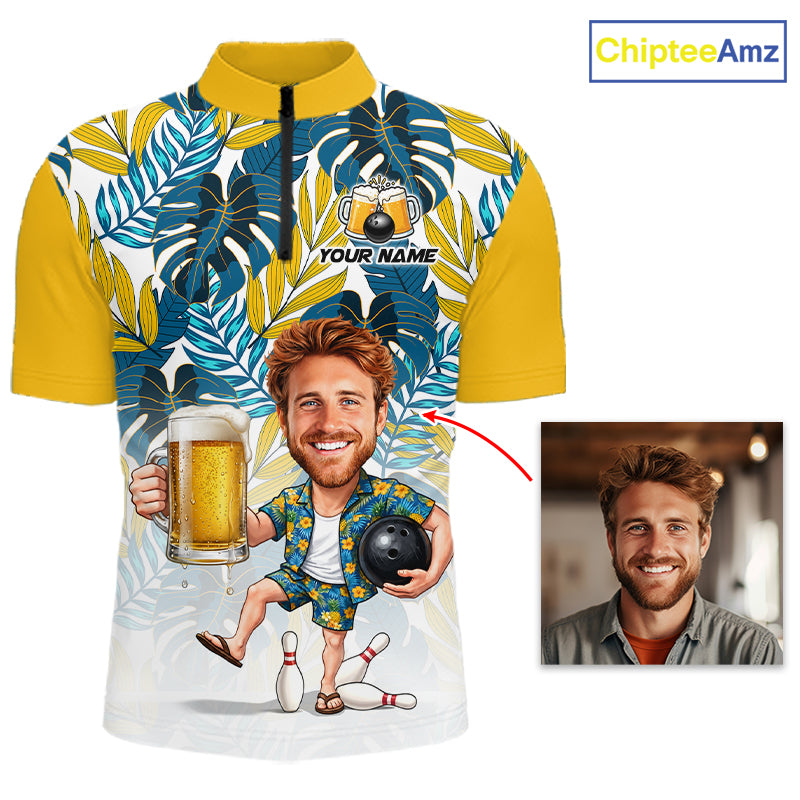 Yellow Tropical Beer Bowling Shirts For Men Custom Photo Face Funny Bowling Team Jersey NBT997