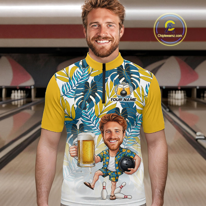 Yellow Tropical Beer Bowling Shirts For Men Custom Photo Face Funny Bowling Team Jersey NBT997