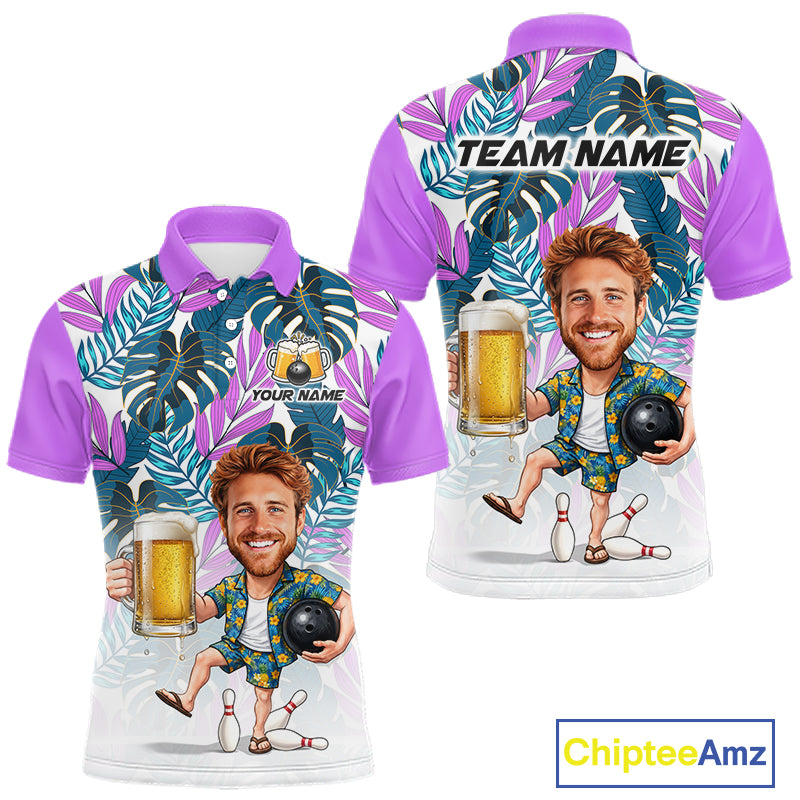 Purple Tropical Beer Bowling Shirts For Men Custom Photo Face Funny Bowling Team Jersey NBT998