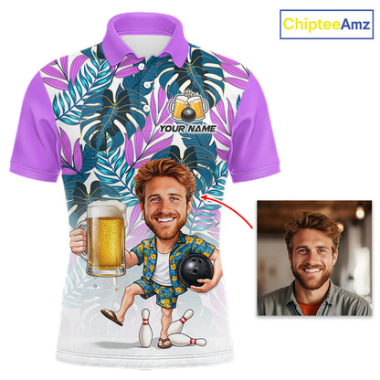 Purple Tropical Beer Bowling Shirts For Men Custom Photo Face Funny Bowling Team Jersey NBT998