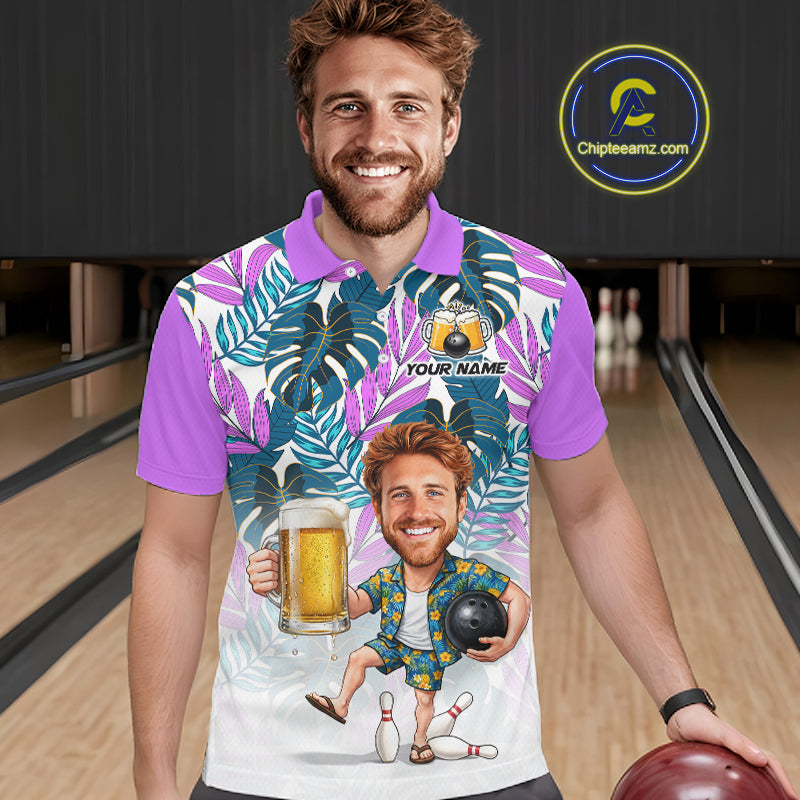 Purple Tropical Beer Bowling Shirts For Men Custom Photo Face Funny Bowling Team Jersey NBT998