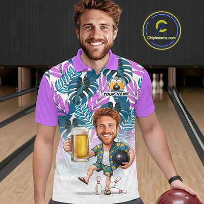 Purple Tropical Beer Bowling Shirts For Men Custom Photo Face Funny Bowling Team Jersey NBT998