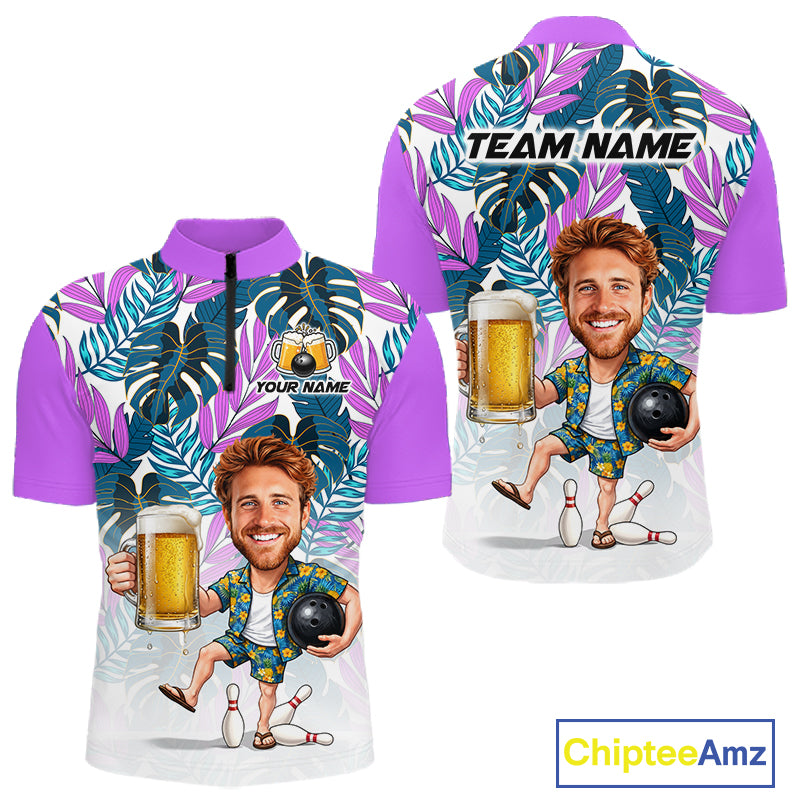 Purple Tropical Beer Bowling Shirts For Men Custom Photo Face Funny Bowling Team Jersey NBT998