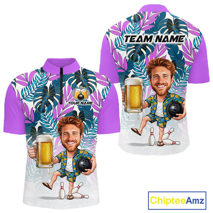 Purple Tropical Beer Bowling Shirts For Men Custom Photo Face Funny Bowling Team Jersey NBT998