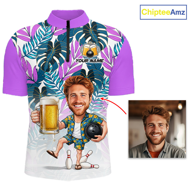 Purple Tropical Beer Bowling Shirts For Men Custom Photo Face Funny Bowling Team Jersey NBT998