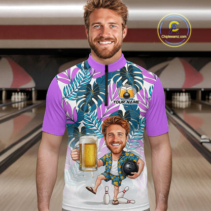 Purple Tropical Beer Bowling Shirts For Men Custom Photo Face Funny Bowling Team Jersey NBT998