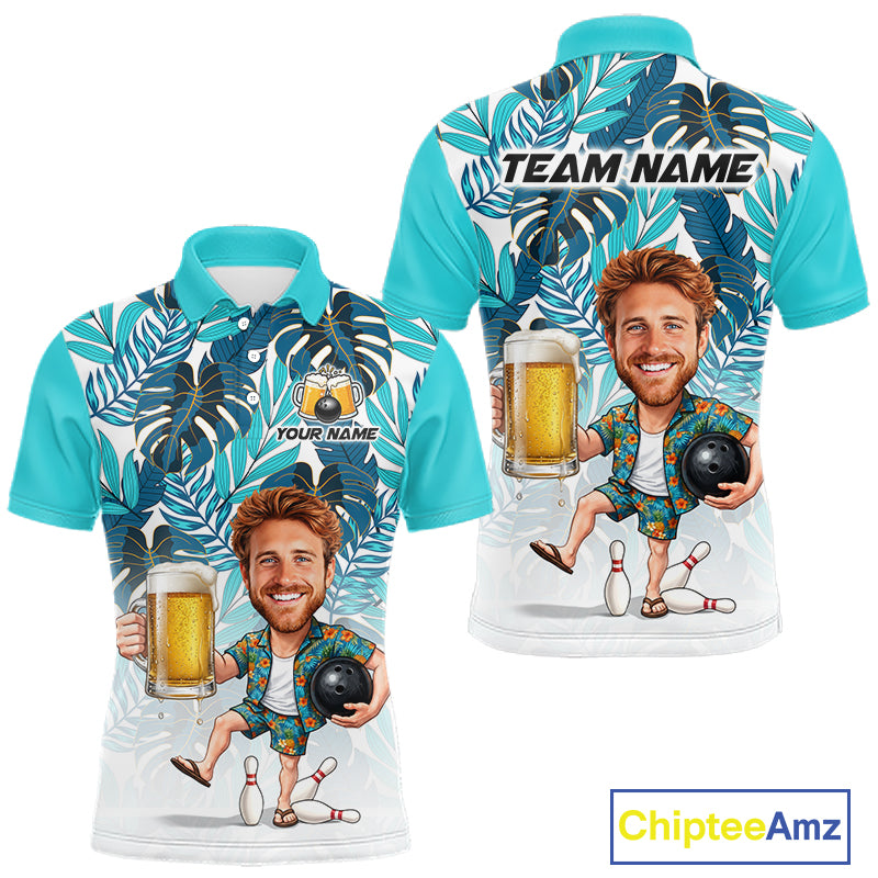 Turquoise Tropical Beer Bowling Shirts For Men Custom Photo Face Funny  Bowling Team Jersey NBT999