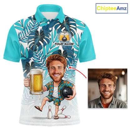 Turquoise Tropical Beer Bowling Shirts For Men Custom Photo Face Funny  Bowling Team Jersey NBT999