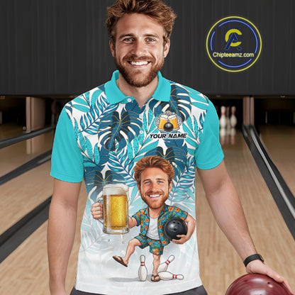 Turquoise Tropical Beer Bowling Shirts For Men Custom Photo Face Funny  Bowling Team Jersey NBT999