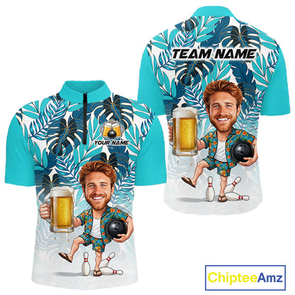 Turquoise Tropical Beer Bowling Shirts For Men Custom Photo Face Funny  Bowling Team Jersey NBT999