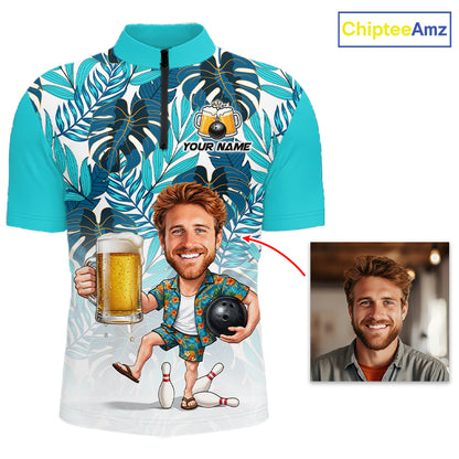 Turquoise Tropical Beer Bowling Shirts For Men Custom Photo Face Funny  Bowling Team Jersey NBT999