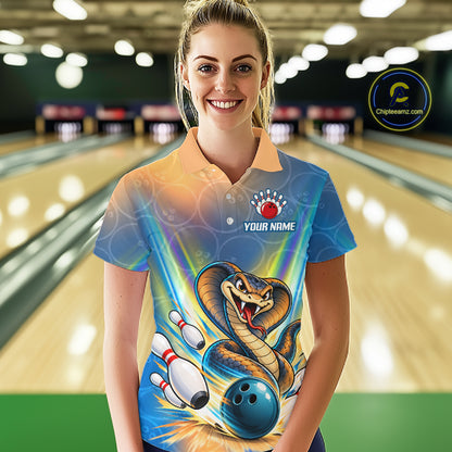 Blue Orange Custom Cobra Snake Bowling Shirts For Women Polo 1/4 Zip Bowling Team Shirt NBT1199