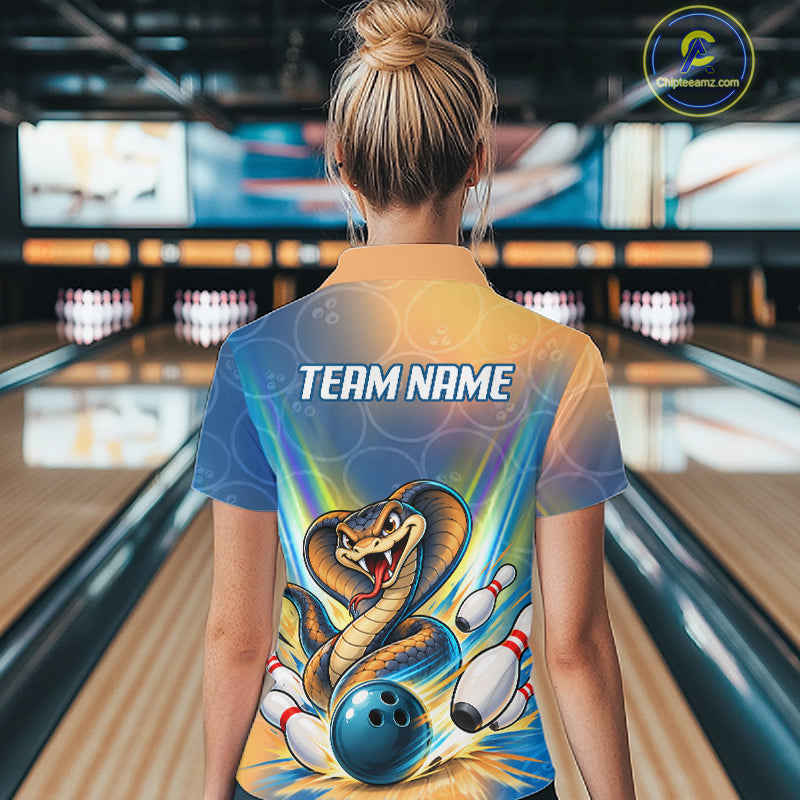 Blue Orange Custom Cobra Snake Bowling Shirts For Women Polo 1/4 Zip Bowling Team Shirt NBT1199