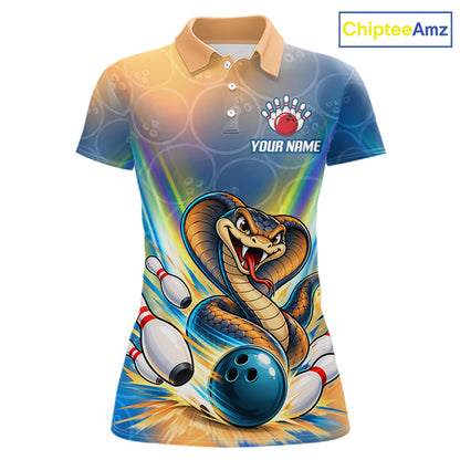 Blue Orange Custom Cobra Snake Bowling Shirts For Women Polo 1/4 Zip Bowling Team Shirt NBT1199